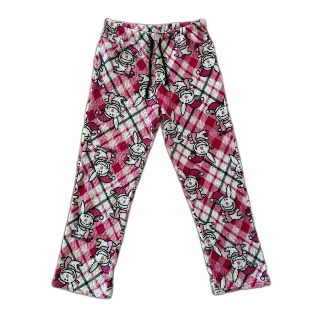 Vintage Happy Bunny Y2K Pajama Pants Pink Plaid Fleece Sleepwear Plush Girls L